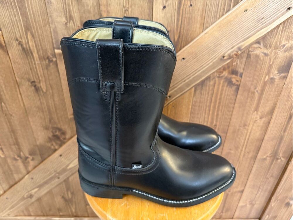 Justin Men’s Black Leather Western Roper Boots Size 9.5D
